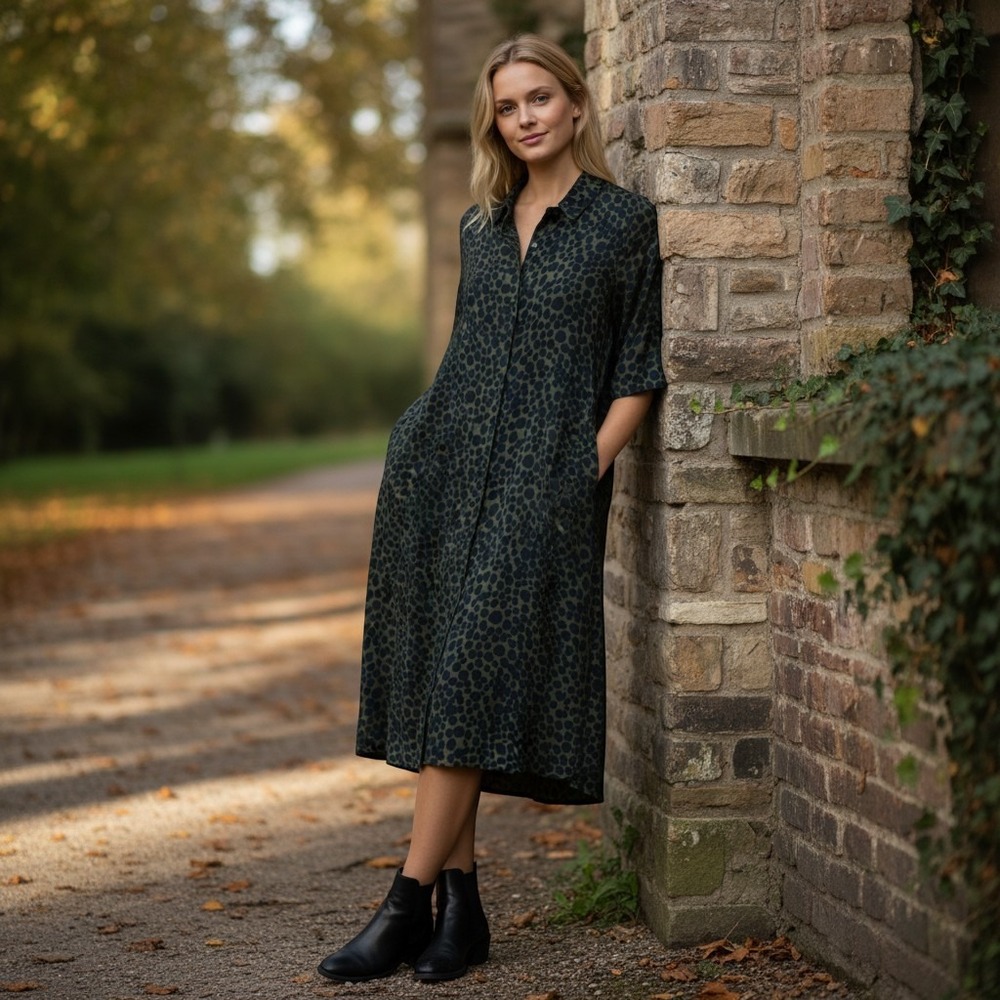 Hobbs London Shirt Dress Animal Leopard Print Safari Fall Olive Navy US 8 UK 12